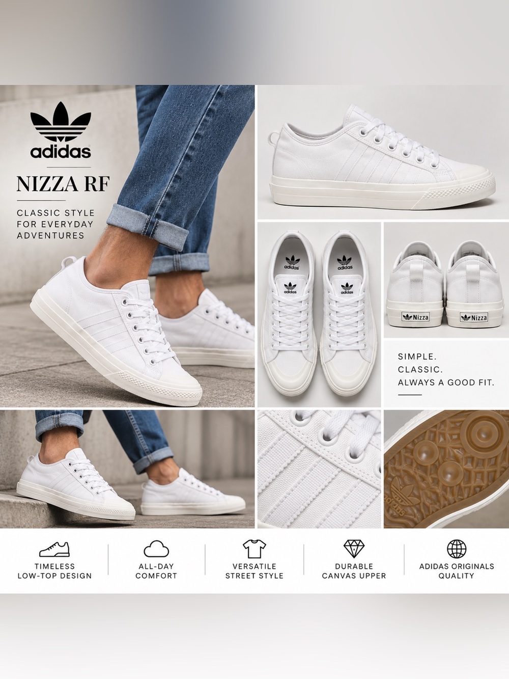 Adidas Nizza RF White Canvas Sneakers EF1883 Men’s 7.5 New With Box